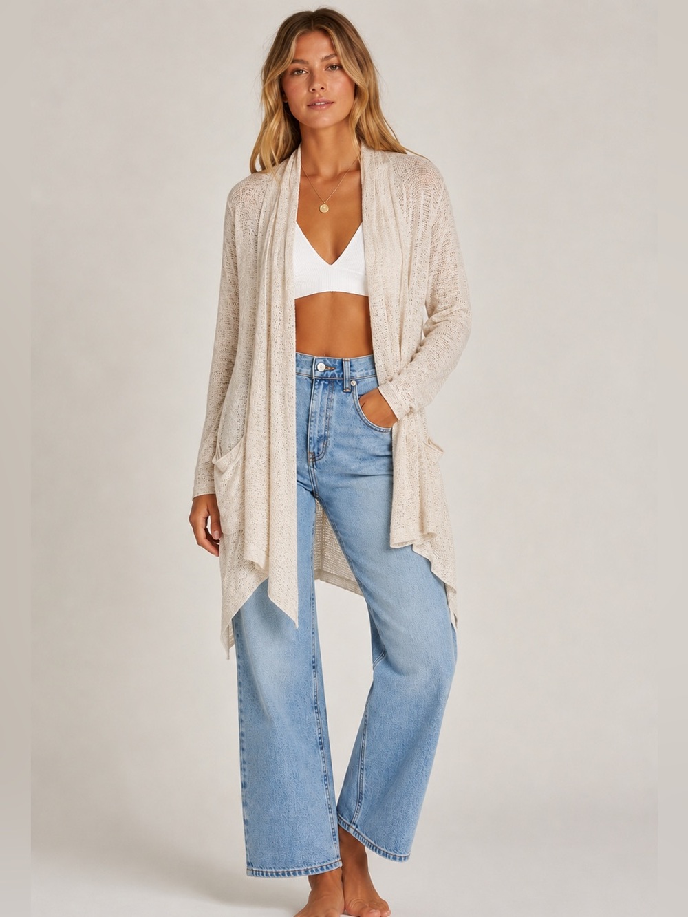 Billabong Open-Front Draped Cardigan - Cream